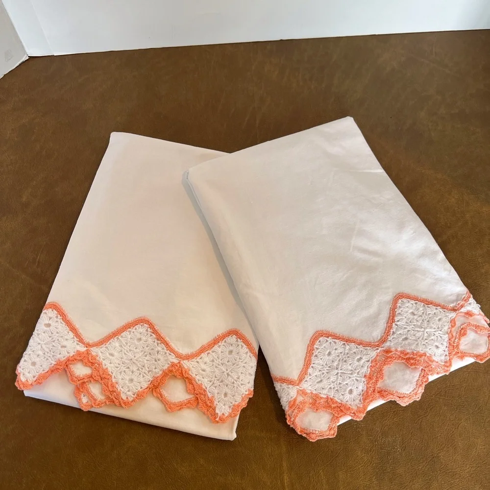 Vintage Set of Two Pillowcases Embellished with Hand-Crocheted Edge